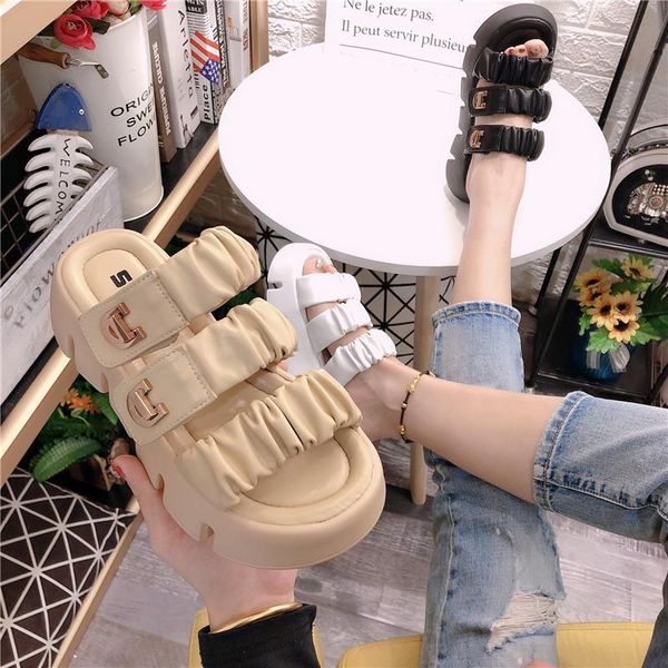 

slippers korean version of the sponge cake thick bottom one-word drag wedge with fashion all-match casual sandals sports lazy, Black