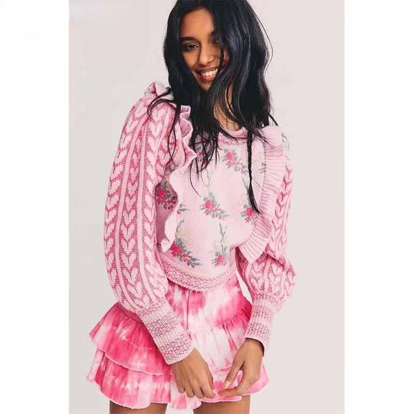 

women's sweaters bohemian boho spring autumn shoulder wood ears ruffles jacquard sweater vintage contrast color puff sleeve pullovers j, White;black