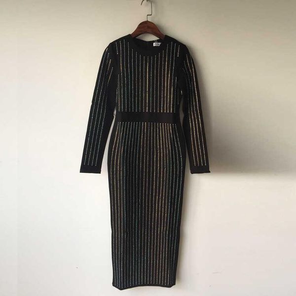

casual dresses european diamonds style black pencil dress fashion fall runways long sleeve party, Black;gray