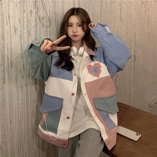 

women's jackets design sense color matching love mark autumn korean loose style long sleeve jacket real shooting, Black;brown