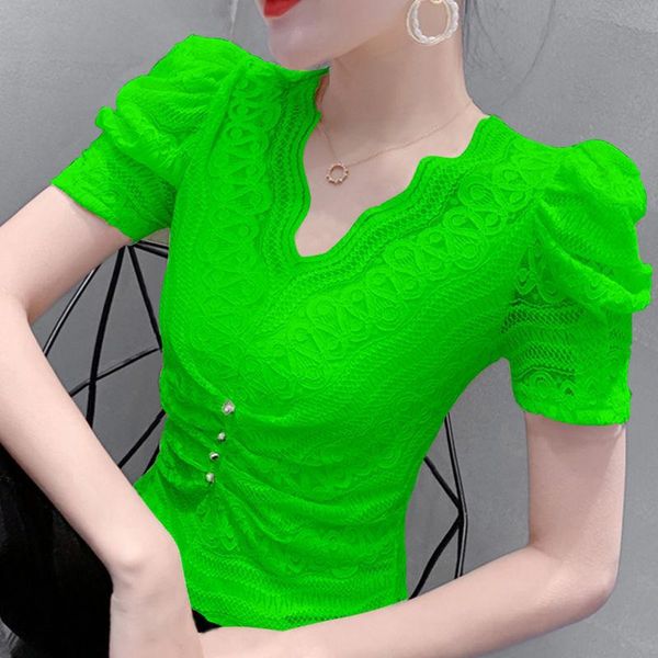 

women's t-shirt short sleeve wavy v-neck lace 2021 summer bubble fashion foreign style small shirt, White