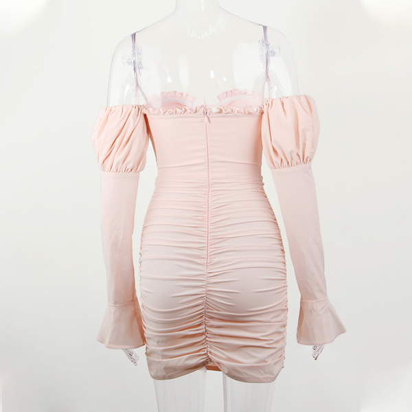 

2021hollow out pink party dress women off the shoulder puff sleeve fashion strap zipper ruched outfit short bodycon dress, Black;gray