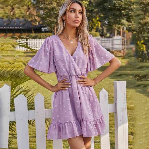 

vintage polka dot pink summer dress for women casual boho beach style mini short flare sleeve v neck sundress 210427, White