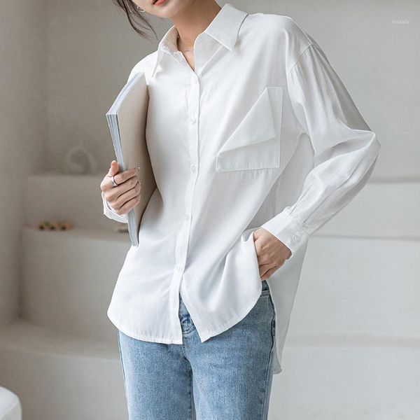 

women's blouses & shirts harajuku blusa feminina blouse women 2021 white shirt pockers office work solid loose ladies 615g