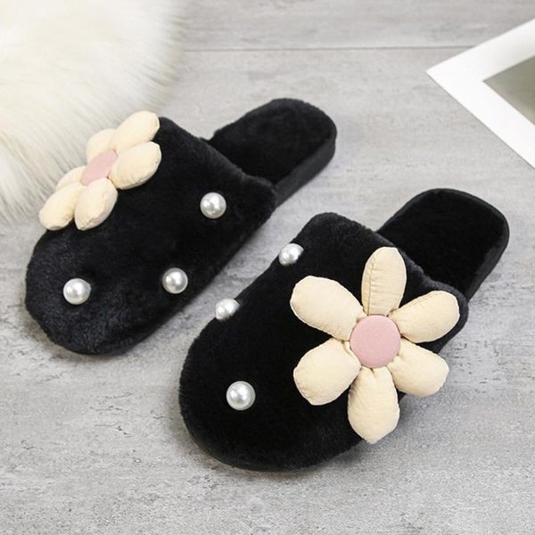 

slippers fashion flowers women winter warm fur shoes soft sole home indoor flat non-slip ladies plush slides zapatillas hh421, Black