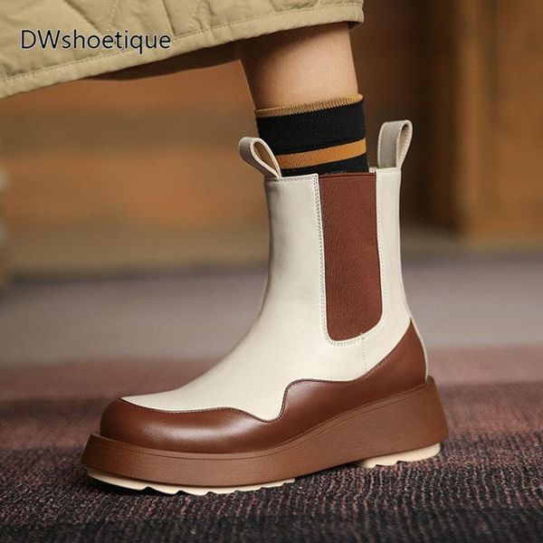 

boots winter genuine leather women platform wedges mix color ankle, Black