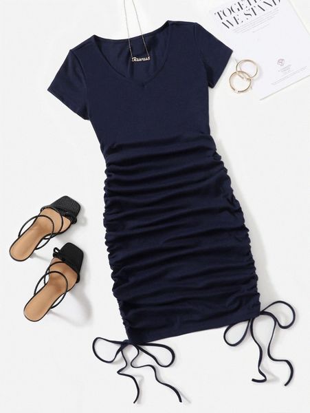 

v-neck drawstring ruched side dress a6oc#, Black;gray