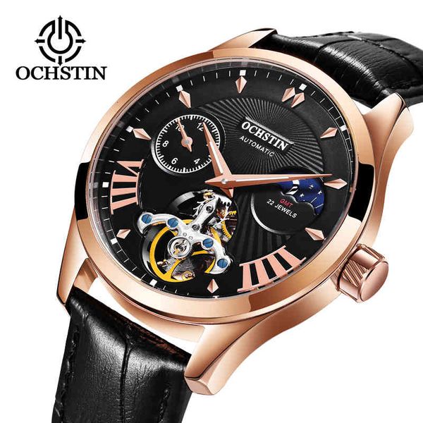 

ochstin men automatic mechanical watches leather band luxury brand business gifts reloj hombre, Slivery;brown