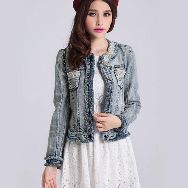 

women's jackets zoki elegant women denim jacket autumn 2021 tassel fashion long sleeve loose jeans short coat pearls ladies streetwear, Black;brown