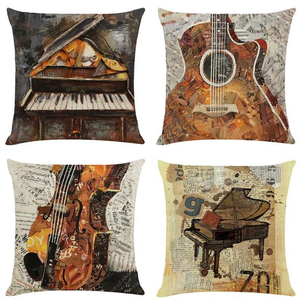 Almofada de instrumento musical vintage Capa de almofadas decorativas de estilo de arte de sede decoração de casa de linho travesseiro de travesseiro de travesseiro/decilos