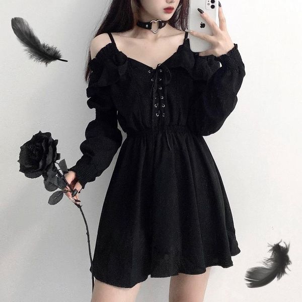 

casual dresses off shoulder black dress women plus size 4xl lace autumn high waist party mini long sleeve gothic punk hip x898, Black;gray