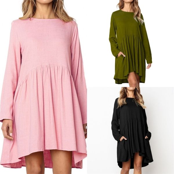 

autumn new round neck long sleeve cotton linen pleated dress, Black;gray