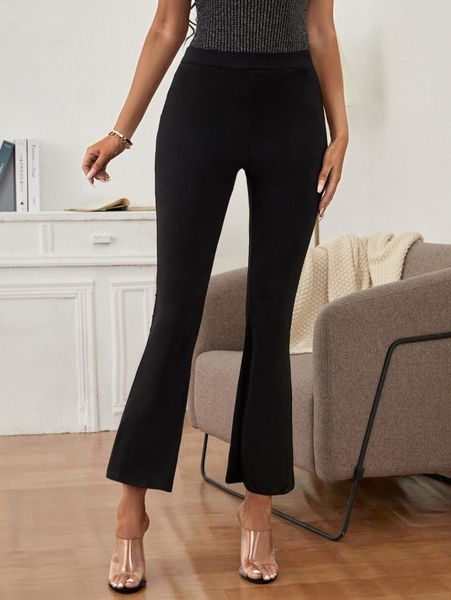 

solid flare leg pants t5uc#, Black;white