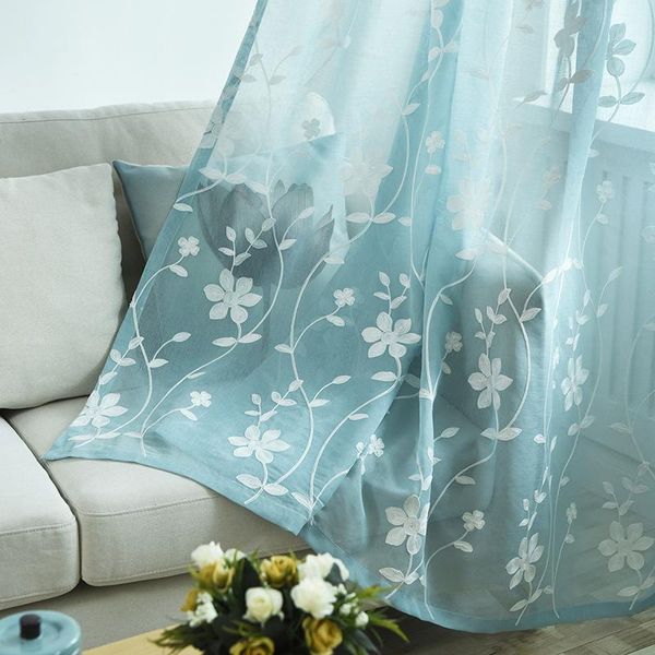 

curtain & drapes blue embroidered sheer curtains for living room bedroom floral printed tulle fabric voile kitchen panels