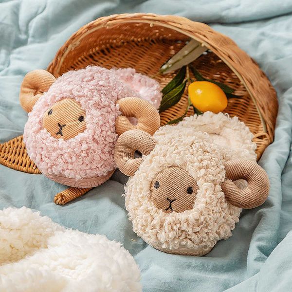 

kids lambs wool infant toddler slides children cute sheep soft non-slip home slippers baby winter girls cotton indoor warm shoes 211119, Black;grey