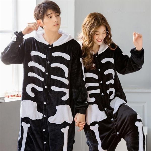 

kigurumi licorne onesie women scary skeleton unicorn pajamas man winter flannel warm sleepwear jumpsuit couple pajamas set, Black;white
