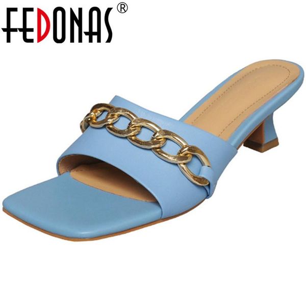 

dress shoes fedonas punk concise women slippers metal decoration high heels sandals genuine leather summer est party casual woman, Black