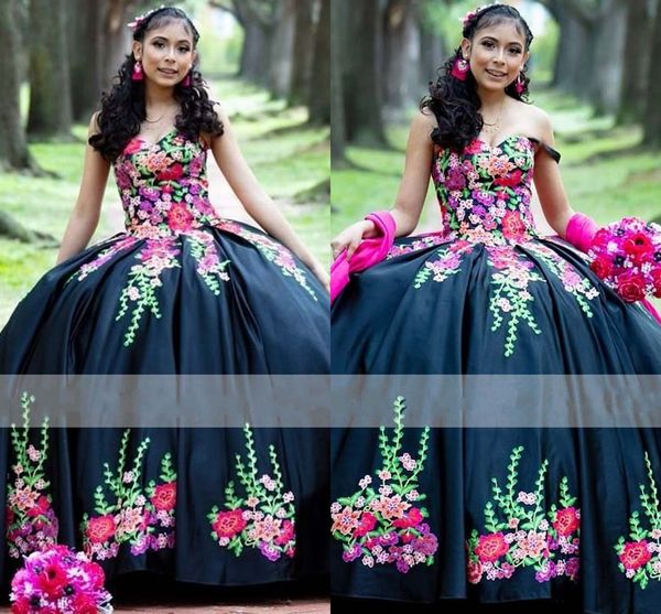 2022 старинные цветочные аппликации QuinceAnera платья сладкие 16 девочек бальные платья с плеча атлас-корсет обратно выпускное платье средняя школа