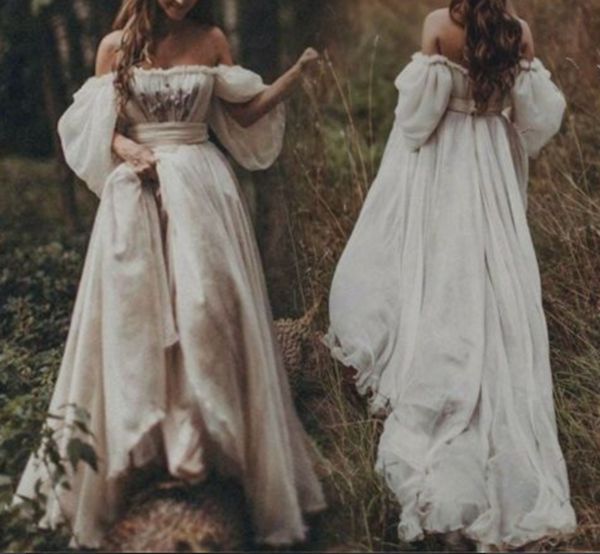 

boho off shoulder wedding dresses bridal gown lace with full sleeves, White