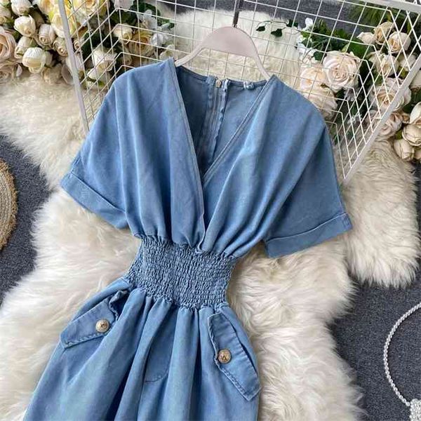 

summer denim jumpsuit vintage short sleeves v-neck elastic waist straight jeans casual overalls club outfits for women, Black;white