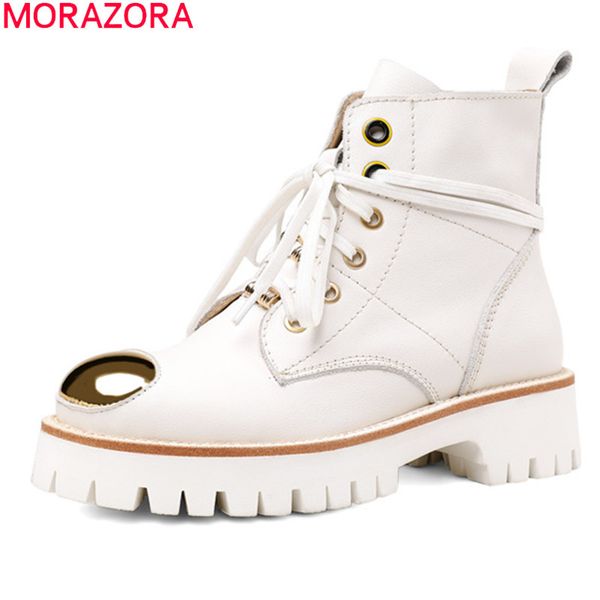 

morazora genuine leather boots square heels round toe casual ladies shoes fashion lace up winter ankle boots women 210506, Black