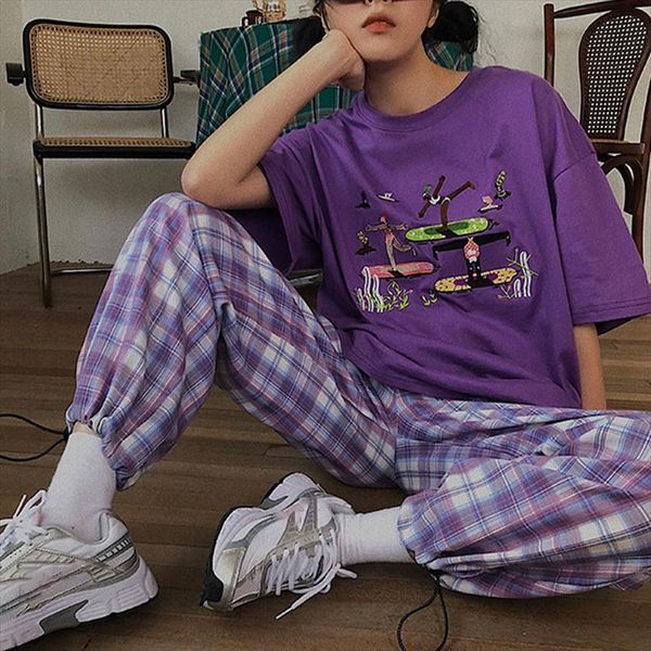 

straight wide leg sweatpants jogger women pants clothes pantalones siz harajuku simple vintage plaid long street fashion, Black;white