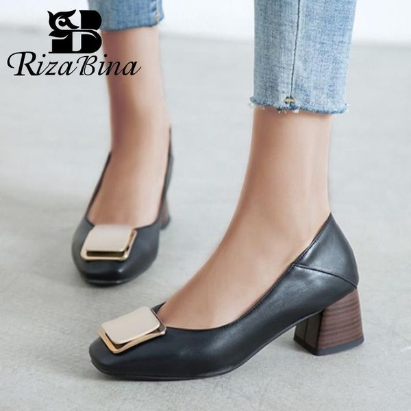 

dress shoes rizabina square toe women pumps thick heel metal shallow soft solid color party casual female footwear size 30-43, Black