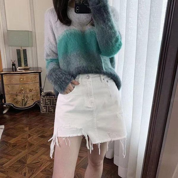 

women's jeans fake two-piece skirt pants high waist loose a-line white denim shorts women, Blue