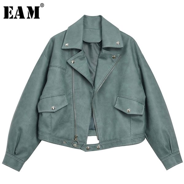 

[eam] loose fit green pu leather split joint short jacket lapel long sleeve women coat fashion spring 1y643 211014, Black;brown