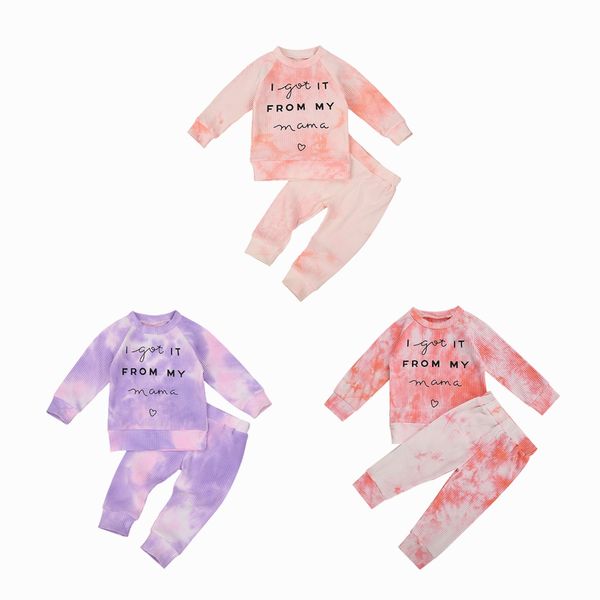 

1-5years toddler baby girl tie-dye printed autumn clothing set long sleeve o-neck shirt long pants 2pcs 3colors outfit set, White