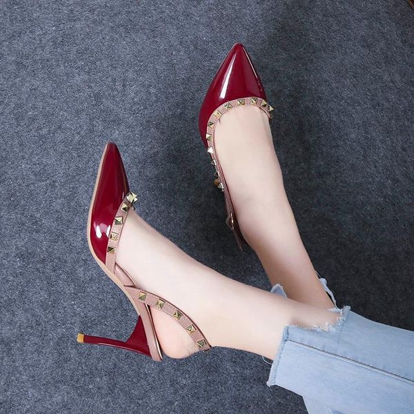 

dress shoes women spring heel fashion studded ankle buckle stiletto solid tip skin-friendly non-slip elegant dating u22-96, Black