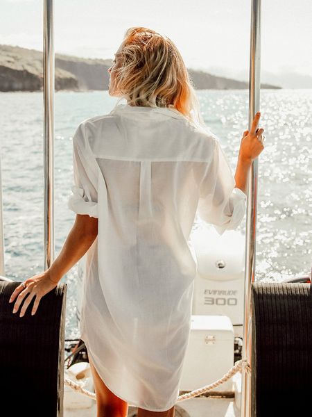 

women's swimwear button up white shirt long sleeve sheer pareos bohemian beach cover-up pocket slim holiday blouse i57e, White;black