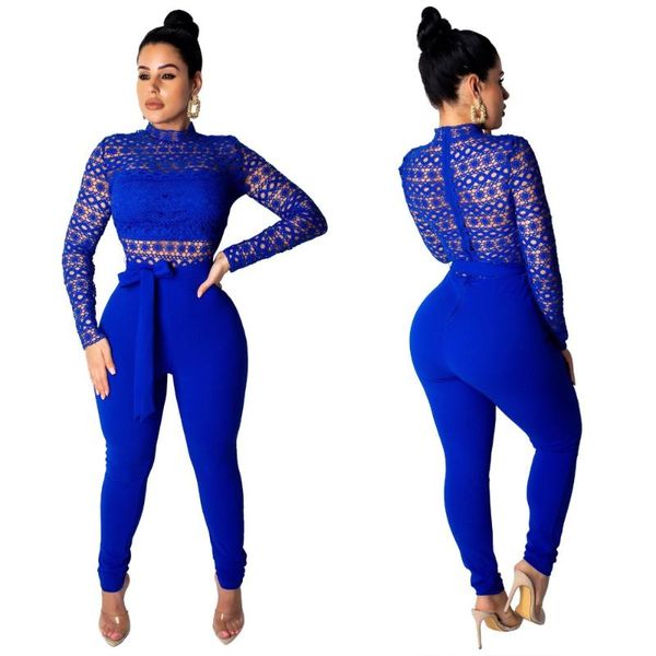 

women's jumpsuits & rompers fashion solid full sleeves lace see through with belt pants club women bodycon jumpsuit, Black;white