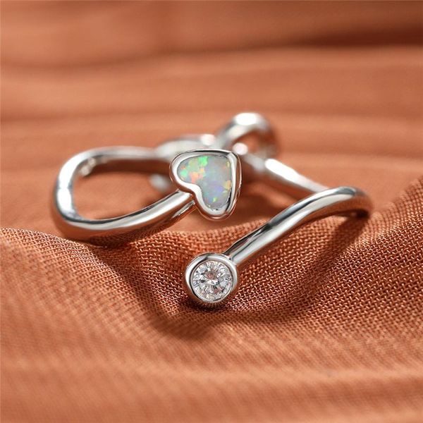 

wedding rings minimalist female blue white opal ring rose gold silver color thin for cute crystal heart open engagement, Slivery;golden