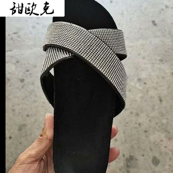 

women's flat diamond slippers summer sandals outdoor rhinestone beach casual shoes black gold large size