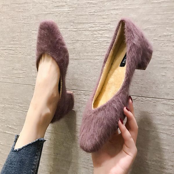

women's shoes white fur 2021 woman velvet mink hair roll-up ladies fashion slip on flock square toe party high heels dress, Black
