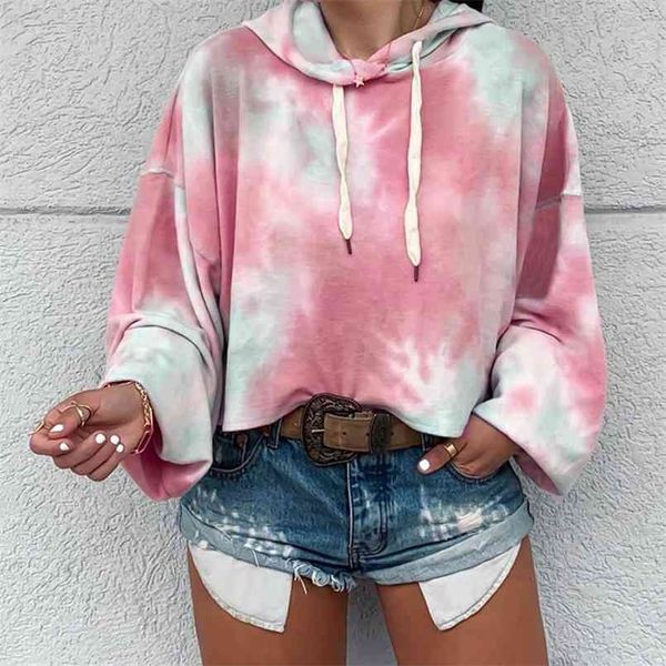 

korean sweatshirt women autumn print tie-dye knitted casual kawaii sweatshirts loose drawstring hooded women's clothing 210508, Black