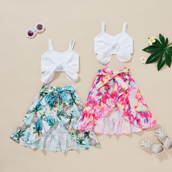 

summer kids girls holiday clothes sets 2pcs strap sleeveless bowknot vest flowers printed ruffles skirts 2 7y, White