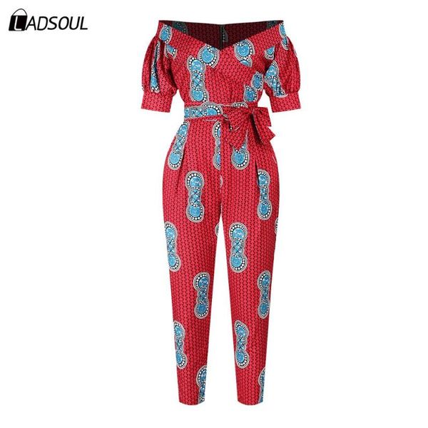 

women's jumpsuits & rompers african digital print nightclub lantern sleeve off-the-shoulder collar jumpsuit waist casual fashion for wo, Black;white