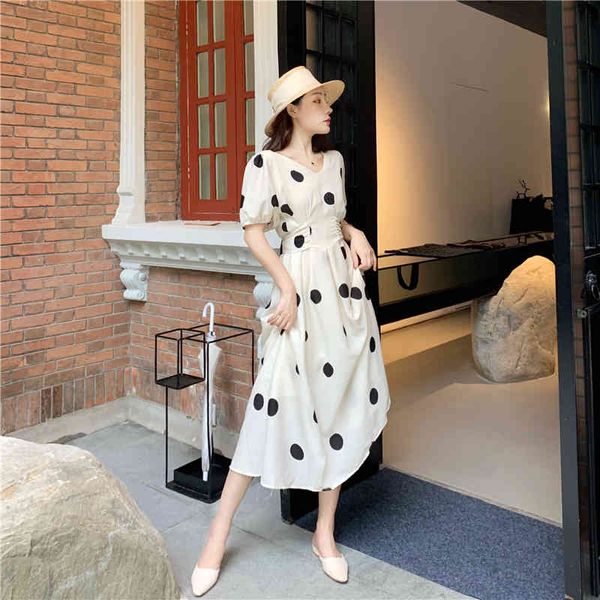 

summer women's polka dot beach dress sundresses korean clothing white midi femme robe 210514, Black;gray