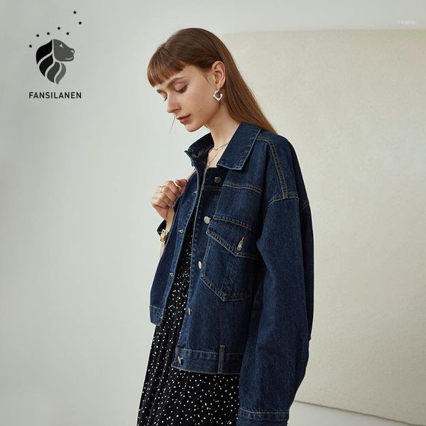 

women's jackets fansilanen dark blue short denim jacket korean style loose cotton cropped autumn clothes women, Black;brown