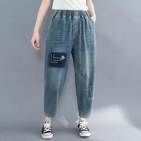 

women's jeans 2021 spring summer arts style women elastic waist loose casual vintage embroidery cotton denim harem pants v310, Blue