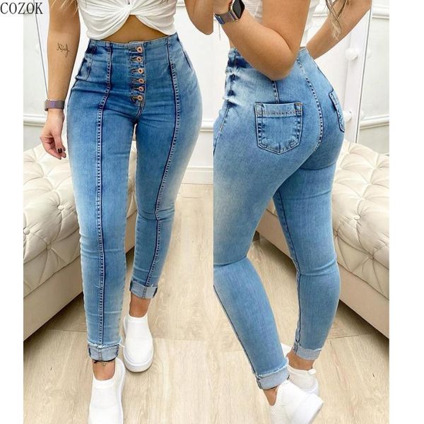 

women's jeans spring summer women high waist stretch hip slim fit skinny streetwear tight denim straight ankle-length pencil pants, Blue