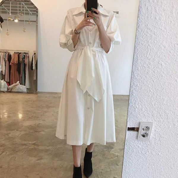 

casual dresses [ewq] 2021 spring style korean ladies lapel single-breasted lace-up waist lantern sleeve mid calf shirt dress women qb769, Black;gray