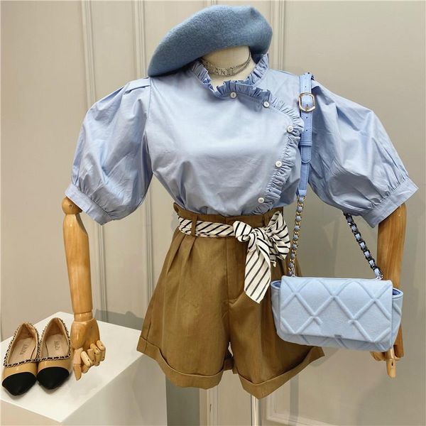 

two piece dress [ewq] 2021 summer lotus leaf stitching bubble sleeve ladies shirt + bandage bowknot high waist wide leg shorts 2 set, White
