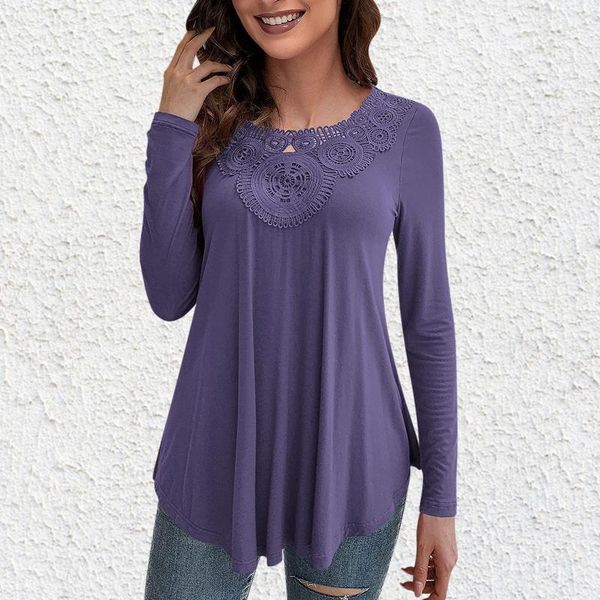 

women's blouses & shirts 45# woman blousess solid color casual round neck long sleeve women blouse lace bottoming pleated pullover blou, White