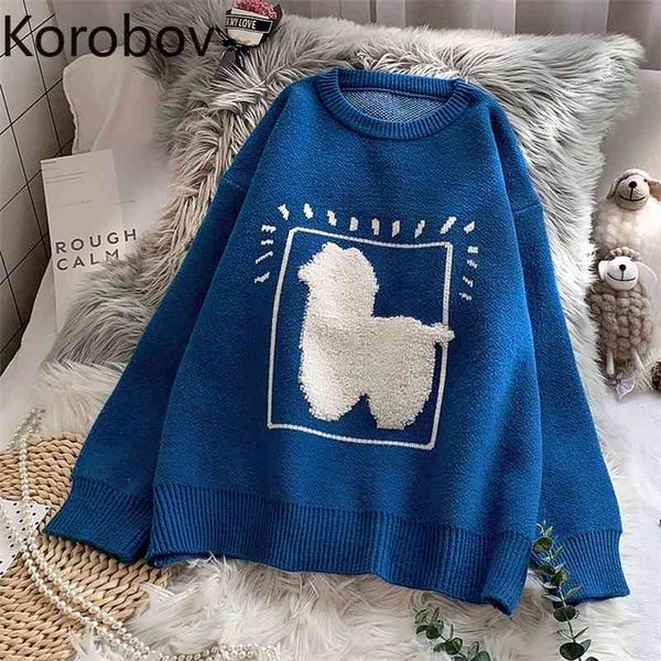 

korobov new chic o neck long sleeve women sweaters korean cartoon knitted jacquard kawaii sueter mujer streetwear jumper 210430, White;black