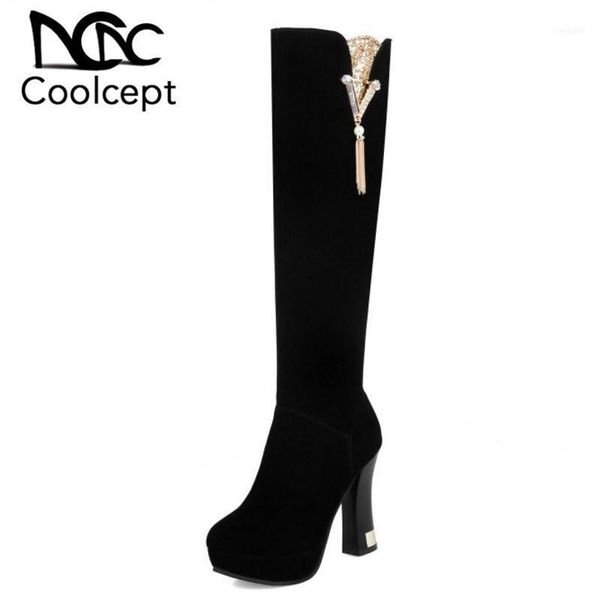 

boots coolcept size 32-43 women high heel tassels winter fur warm women's shoes knee platform fashion ladies footwear11, Black