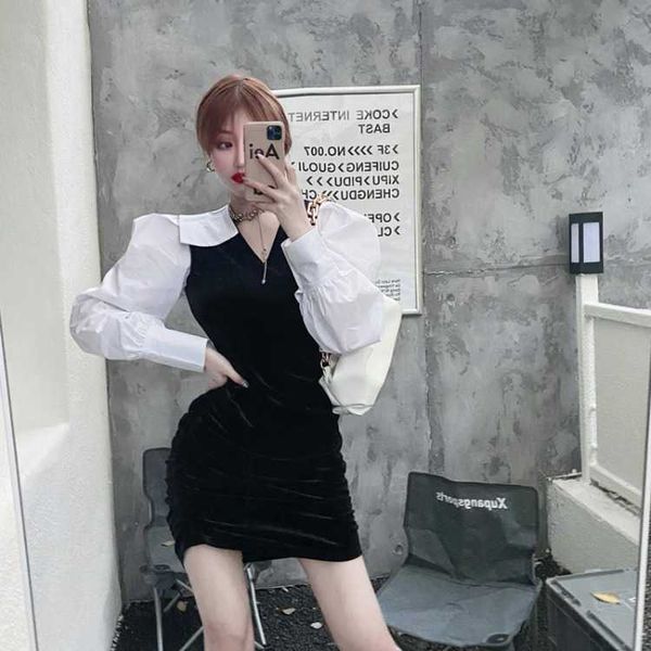 

2021 slim contrast veet v-neck long dr's bubble sleeve short skirt, Black;gray