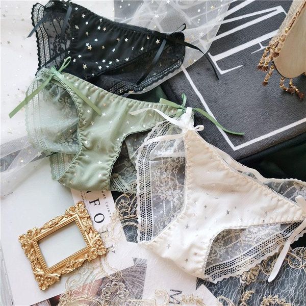 

sweet girl star print lace women's panites shiny cute hollow out underwear seamless cotton bow briefs female lingerie panties, Black;pink